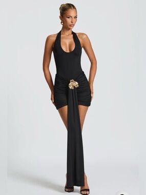 BABYBOO Black Mini Skirt With Gold Flower Detail